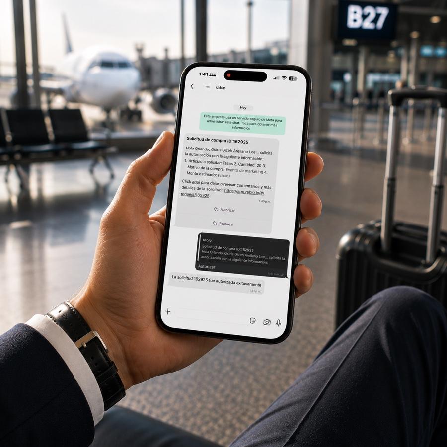 Director autorizando una solicitud de compra desde WhatsApp con rablo