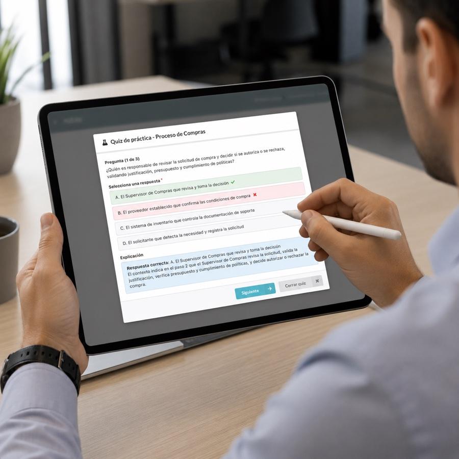 Empleado completando una certificación del proceso de compras en rablo