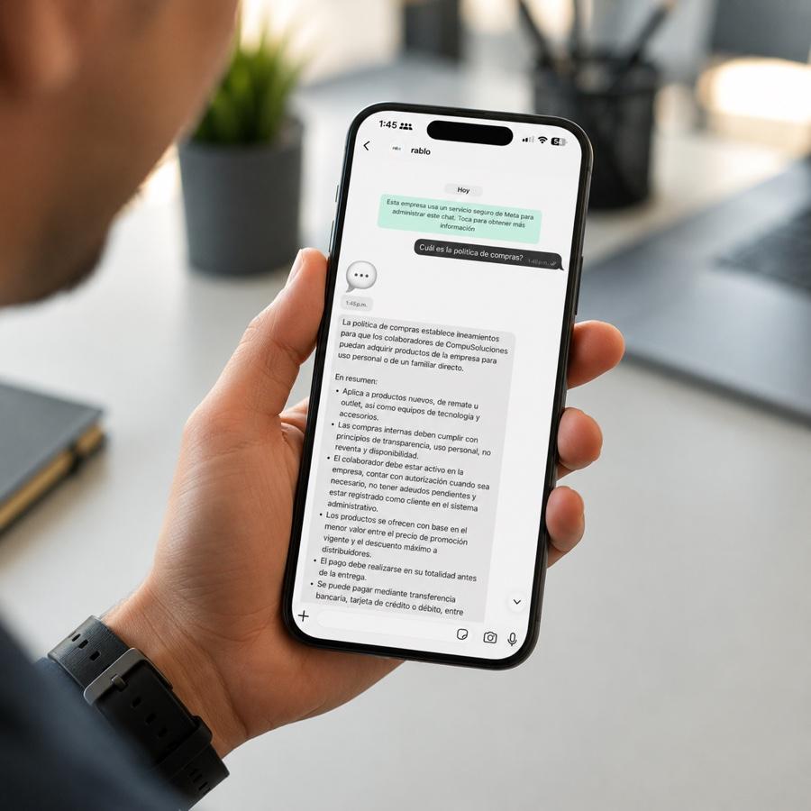 Colaborador preguntando al chatbot de IA de rablo sobre la política de compras